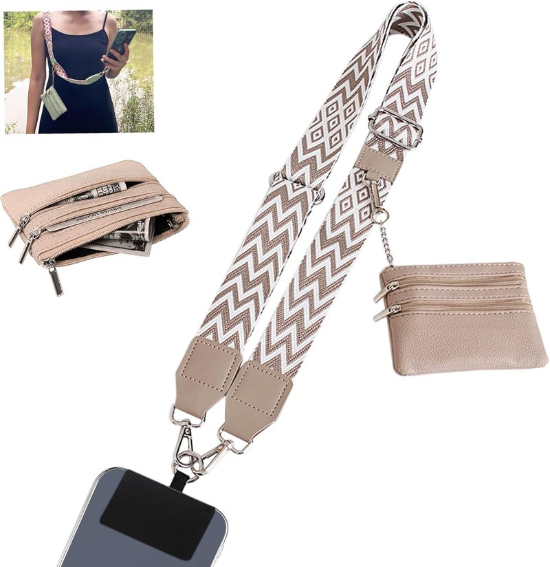SCINYMC Clip and Go Strap for Phone with Wallet Crossbody, Adjustable Phone-Lanyards with Wallet, Phone Lanyard with Zippered Pouch, Crossbody iPhone Straps for All Phones, Khaki-White - Image 1
